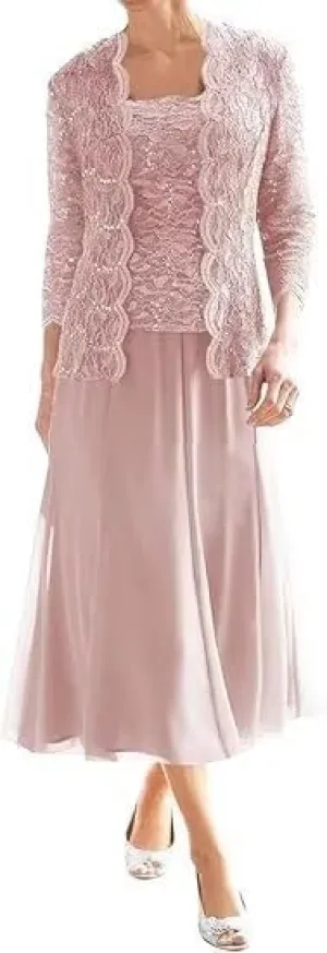 2 Piece Mother of The Bride Dresses for Women with Jacket Lace Chiffon 3/4 Sleeve Tea Length Formal Wedding Guest Dress
