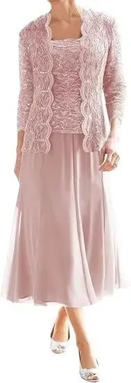 2 Piece Mother of The Bride Dresses for Women with Jacket Lace Chiffon 3/4 Sleeve Tea Length Formal Wedding Guest Dress