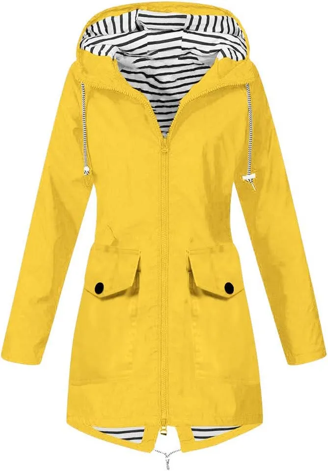 2024 Waterproof Zip Up Rain Coat for Womens Hooded Long Sleeve Rain Jacket Rain Jacket Casual Warm Slim Jacket Coat