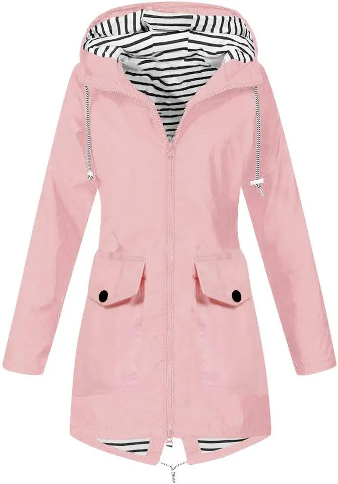 2024 Waterproof Zip Up Rain Coat for Womens Hooded Long Sleeve Rain Jacket Rain Jacket Casual Warm Slim Jacket Coat