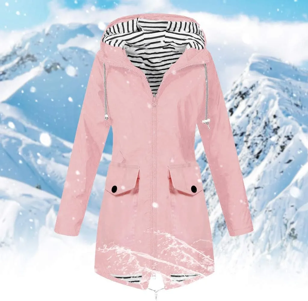 2024 Waterproof Zip Up Rain Coat for Womens Hooded Long Sleeve Rain Jacket Rain Jacket Casual Warm Slim Jacket Coat
