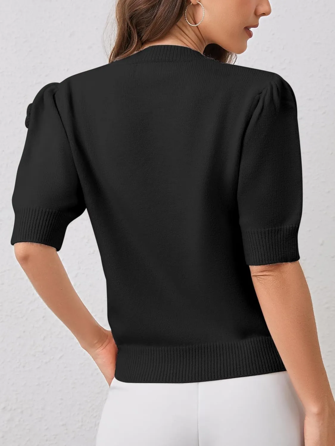 2025 Summer to Fall Puff Short Sleeve Sweater Crew Neck Floral Knit Tops Trendy Lightweight Pullover for Women