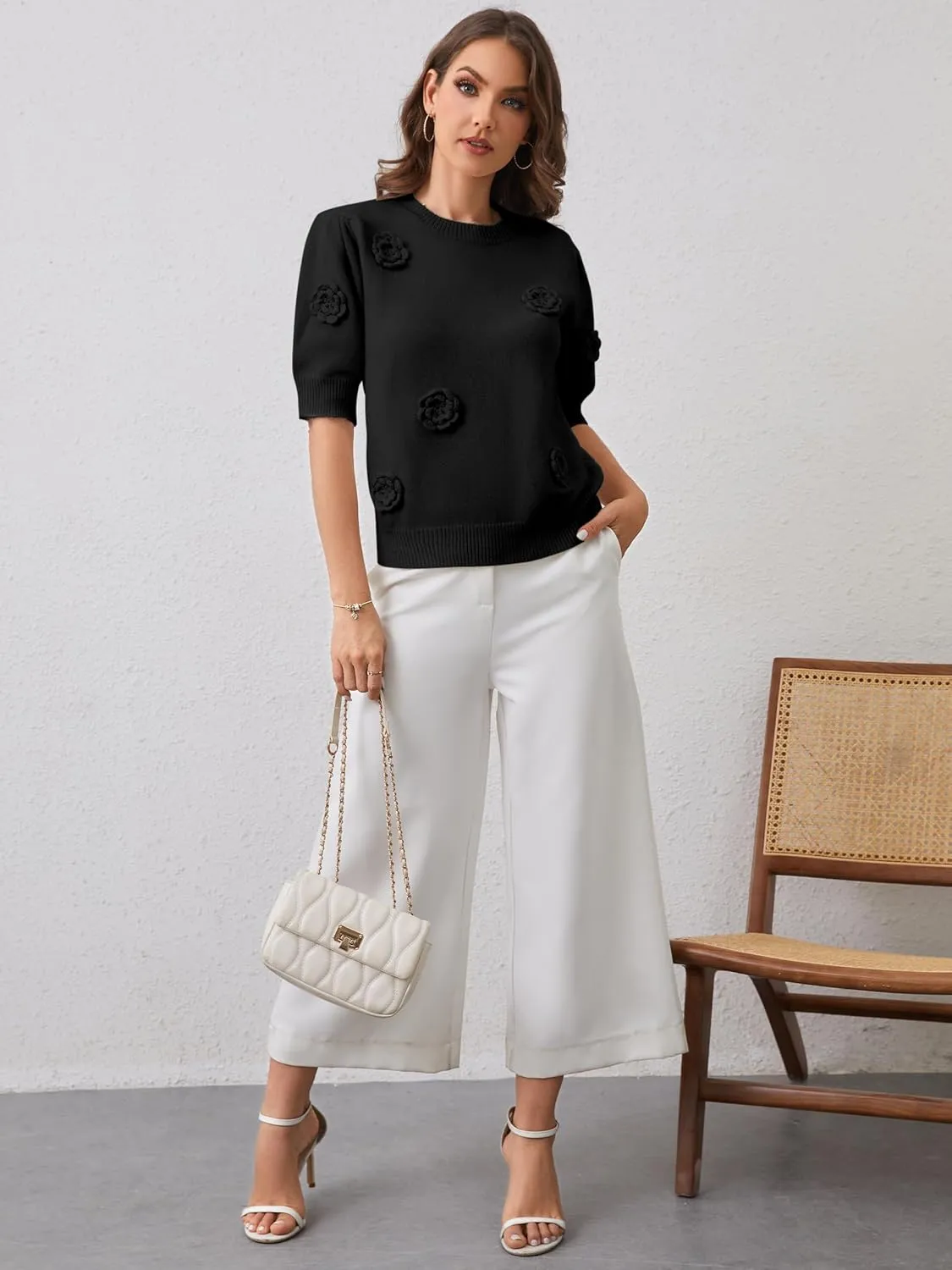 2025 Summer to Fall Puff Short Sleeve Sweater Crew Neck Floral Knit Tops Trendy Lightweight Pullover for Women