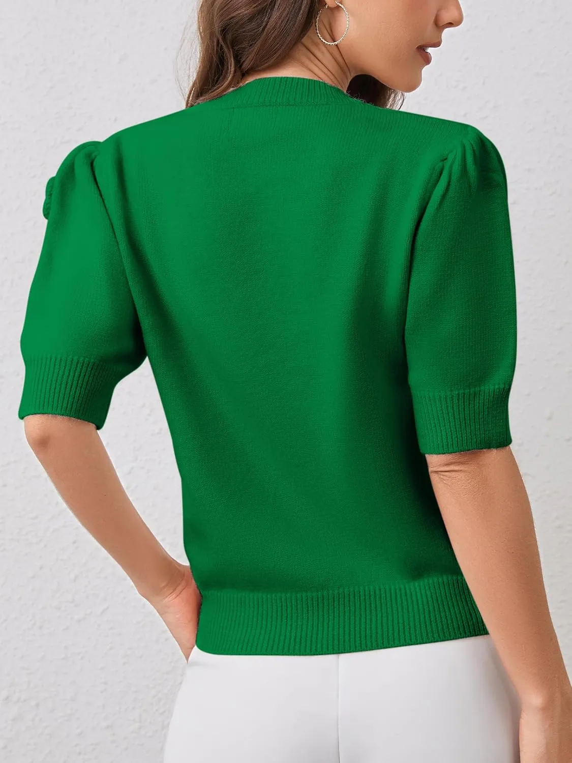 2025 Summer to Fall Puff Short Sleeve Sweater Crew Neck Floral Knit Tops Trendy Lightweight Pullover for Women