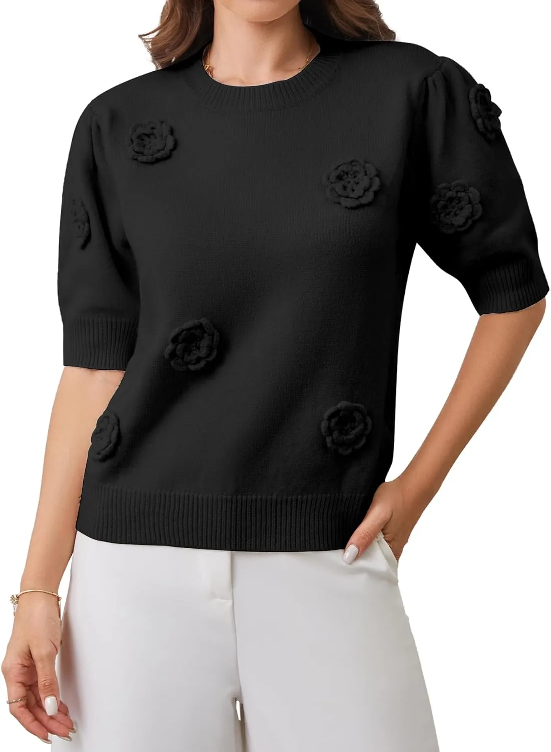2025 Summer to Fall Puff Short Sleeve Sweater Crew Neck Floral Knit Tops Trendy Lightweight Pullover for Women
