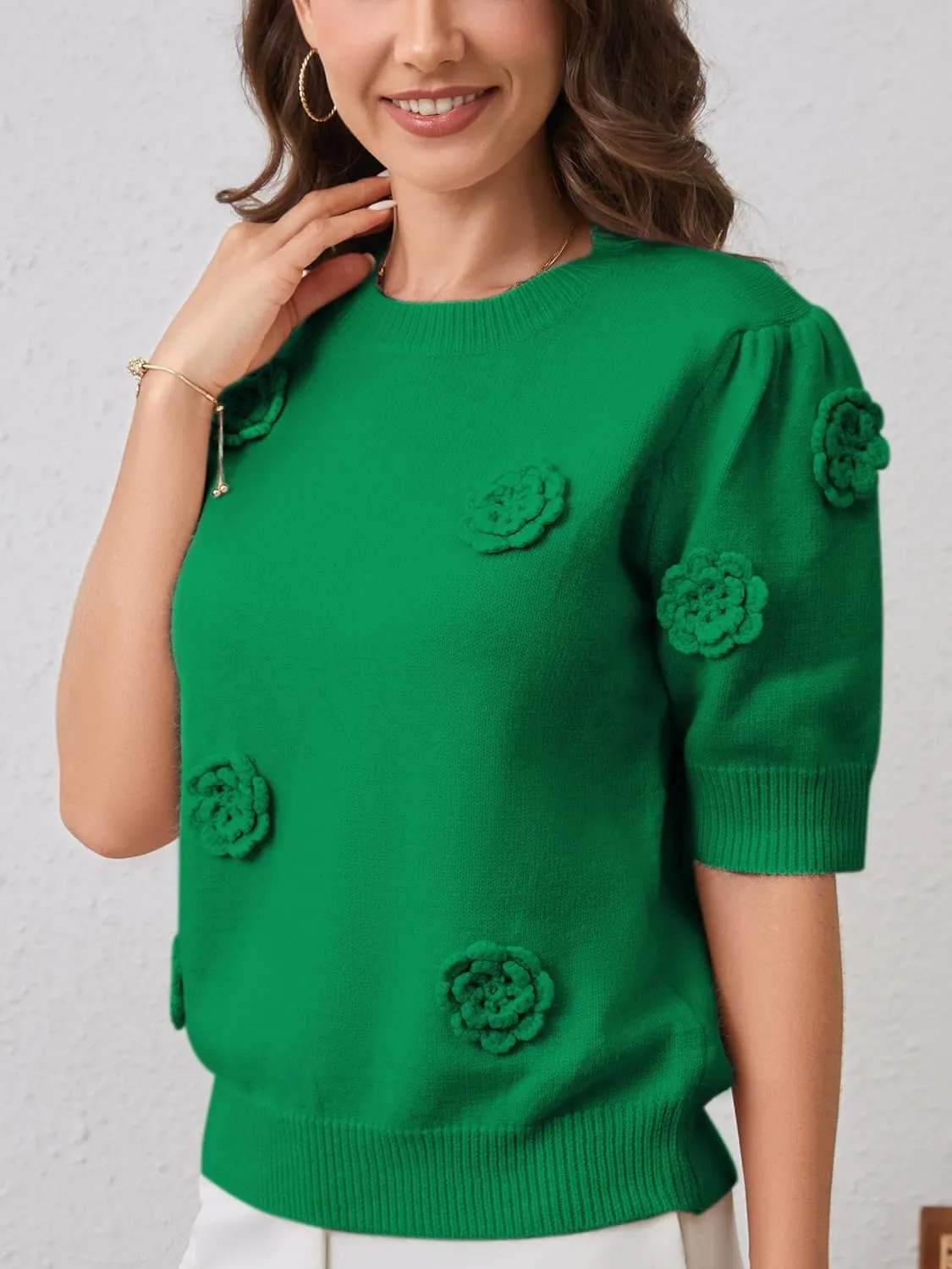 2025 Summer to Fall Puff Short Sleeve Sweater Crew Neck Floral Knit Tops Trendy Lightweight Pullover for Women