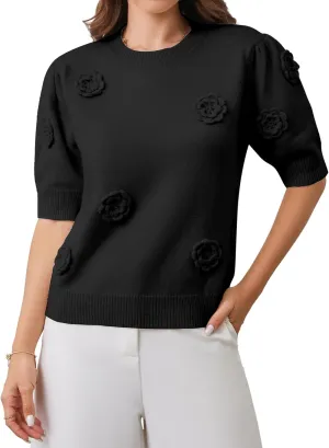 2025 Summer to Fall Puff Short Sleeve Sweater Crew Neck Floral Knit Tops Trendy Lightweight Pullover for Women
