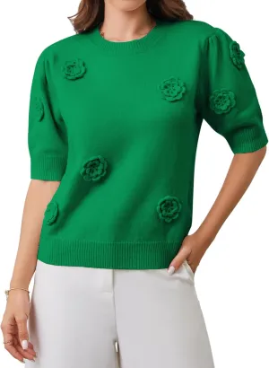 2025 Summer to Fall Puff Short Sleeve Sweater Crew Neck Floral Knit Tops Trendy Lightweight Pullover for Women