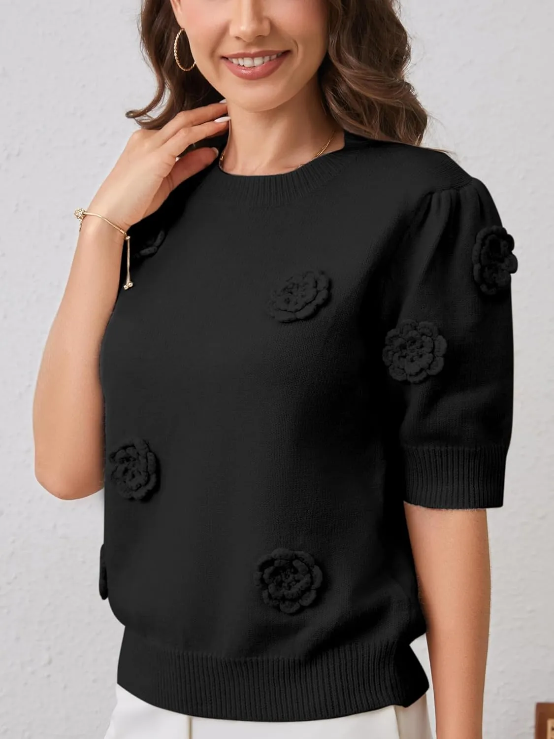2025 Summer to Fall Puff Short Sleeve Sweater Crew Neck Floral Knit Tops Trendy Lightweight Pullover for Women