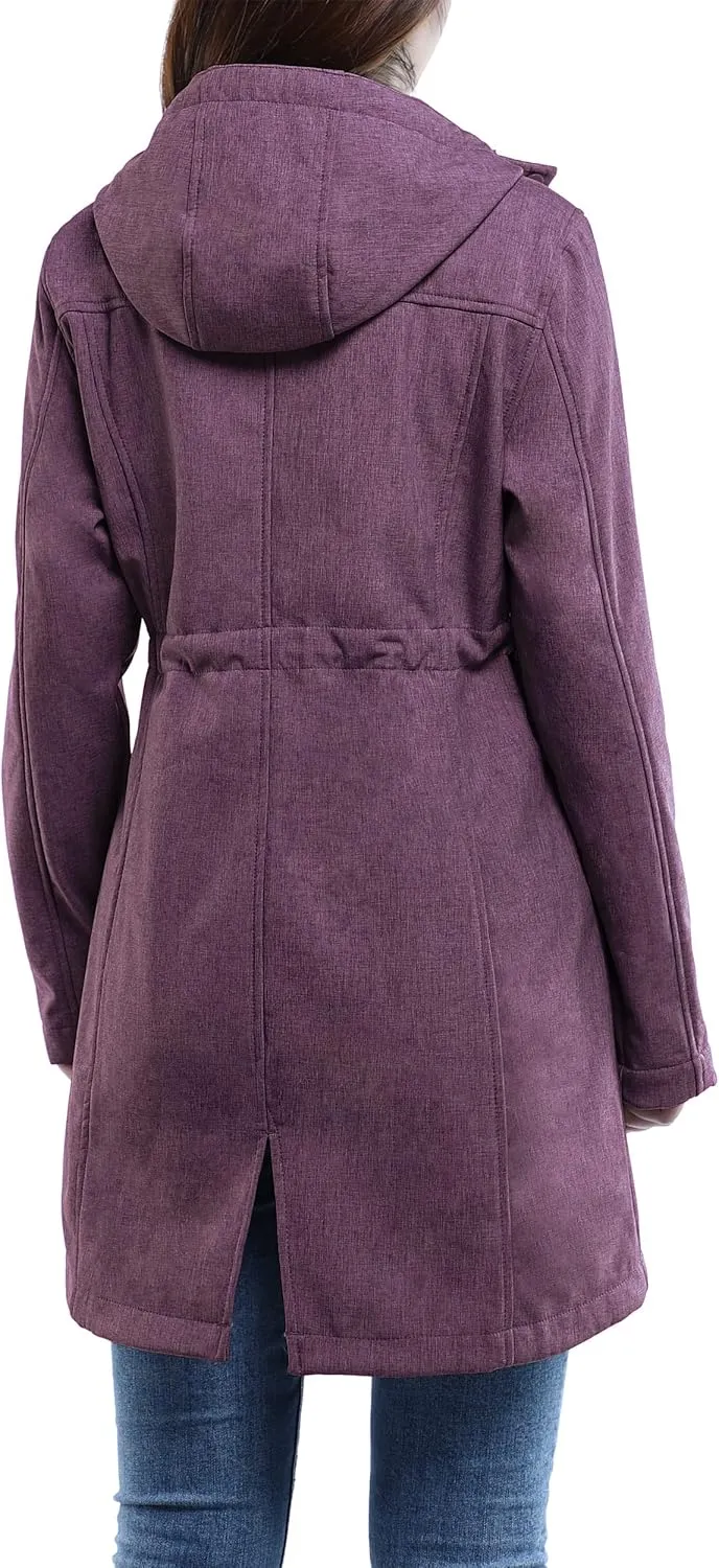 33,000ft Women's Softshell Long Jacket with Hood Fleece Lined Windproof Warm up Waterproof Windbreaker