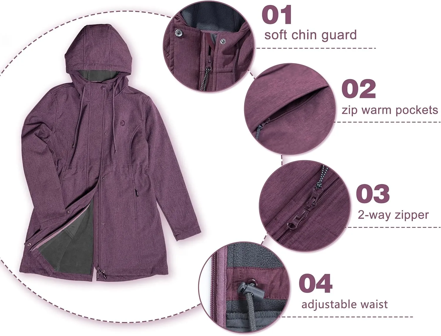 33,000ft Women's Softshell Long Jacket with Hood Fleece Lined Windproof Warm up Waterproof Windbreaker