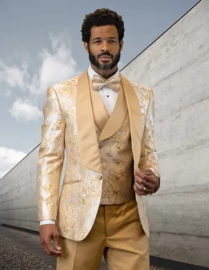 3pc Blush Shawl Lapel Tuxedo Fancy Jacket And Vest With Solid Color Pants Including Bow Tie| DELANO| Champagne