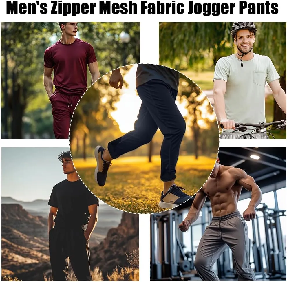 5PC Men's Zipper Mesh Fabric Jogger Pants - Breathable & Flexible Fit, Comfortable for Sports & Casual Wear