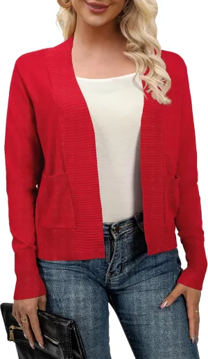 AAMILIFE Womens Long Sleeve Cardigan Knit Sweaters Bolero Open Front Short Shrugs Cropped Cardigan with Pocket