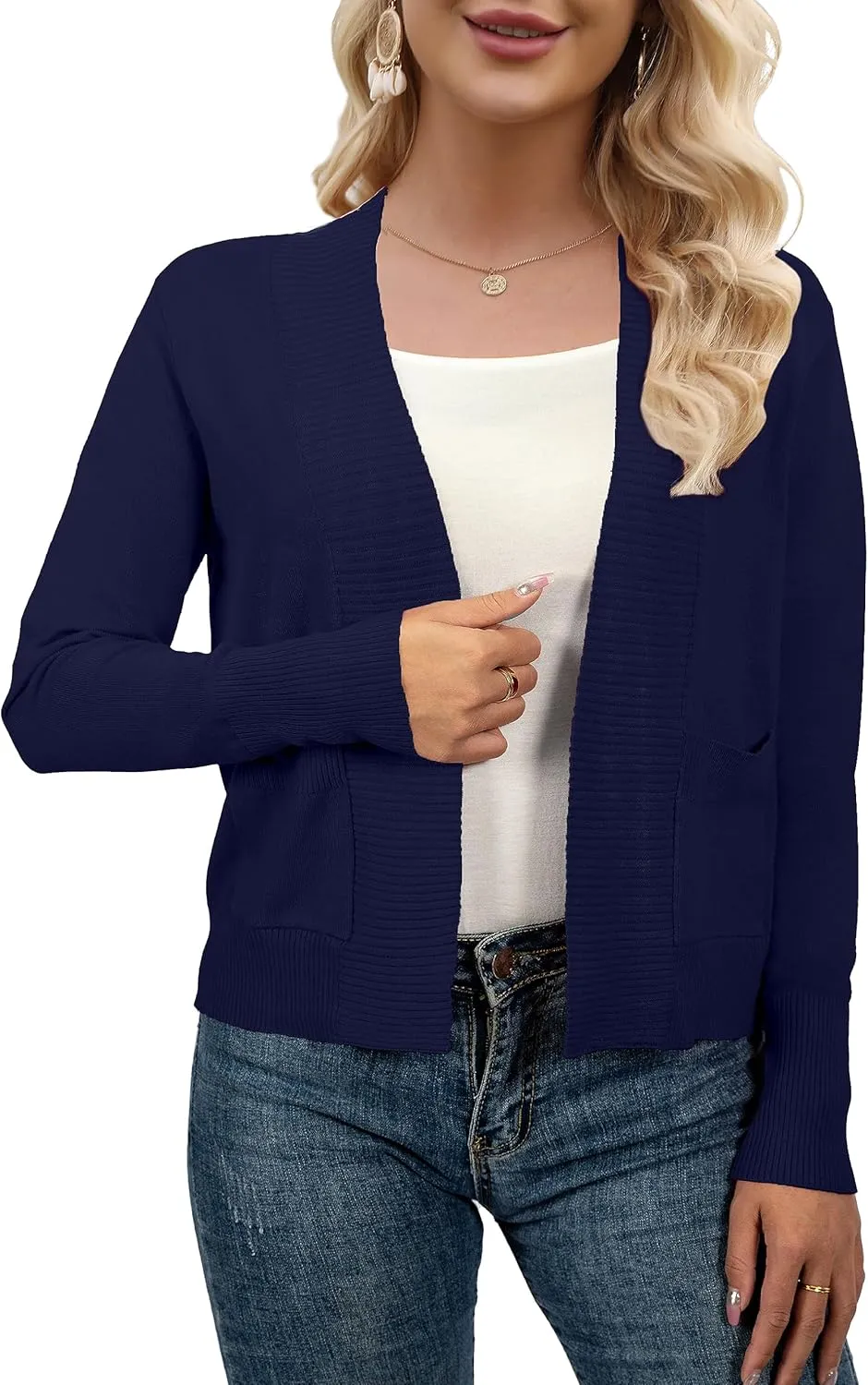 AAMILIFE Womens Long Sleeve Cardigan Knit Sweaters Bolero Open Front Short Shrugs Cropped Cardigan with Pocket
