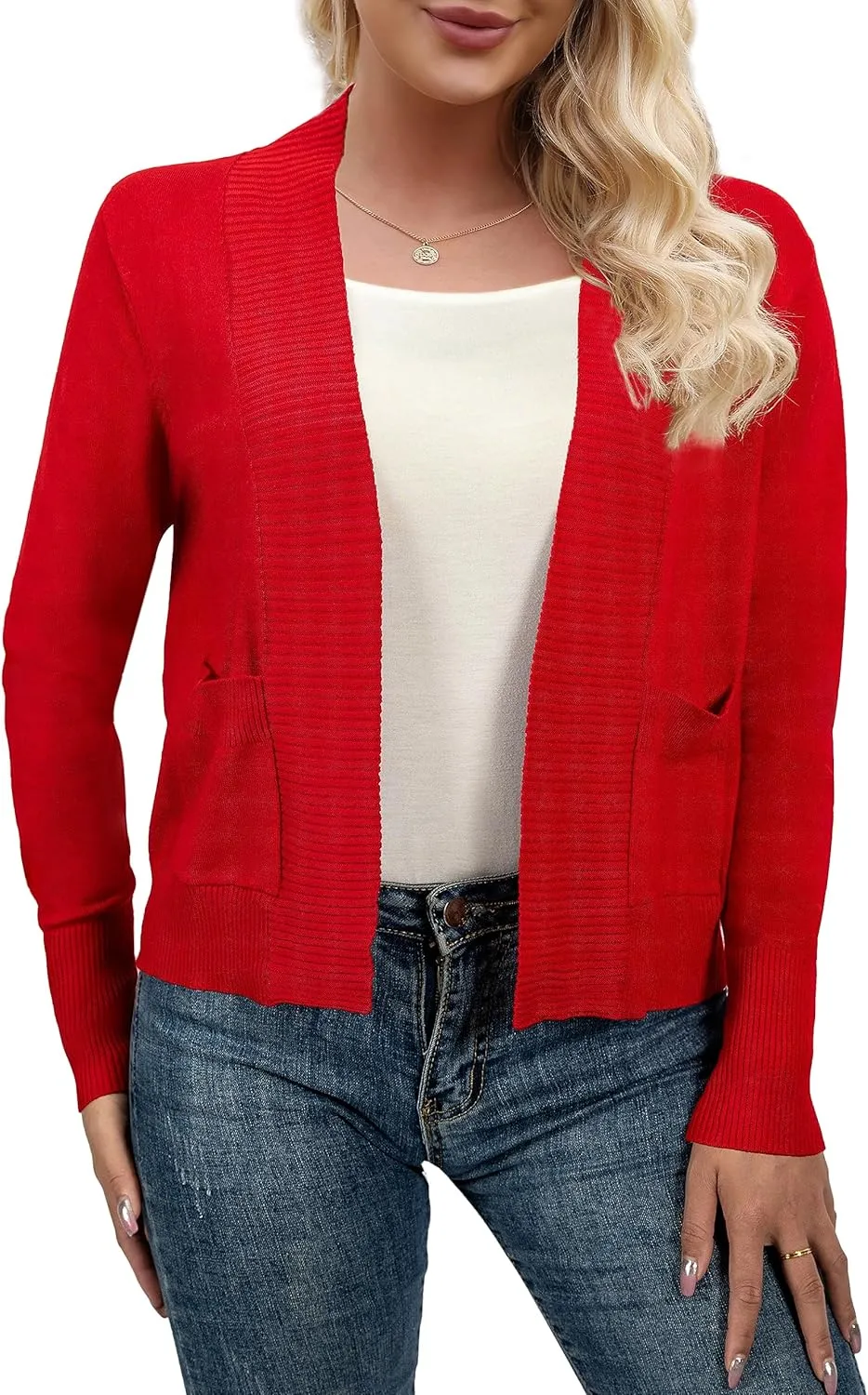 AAMILIFE Womens Long Sleeve Cardigan Knit Sweaters Bolero Open Front Short Shrugs Cropped Cardigan with Pocket