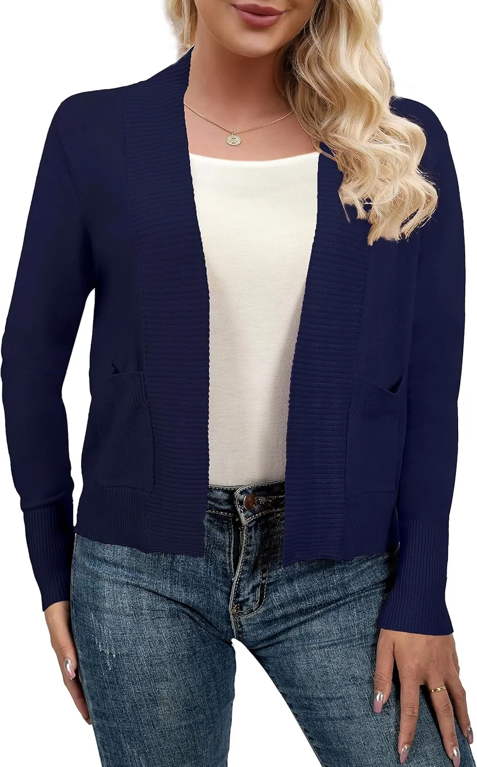 AAMILIFE Womens Long Sleeve Cardigan Knit Sweaters Bolero Open Front Short Shrugs Cropped Cardigan with Pocket