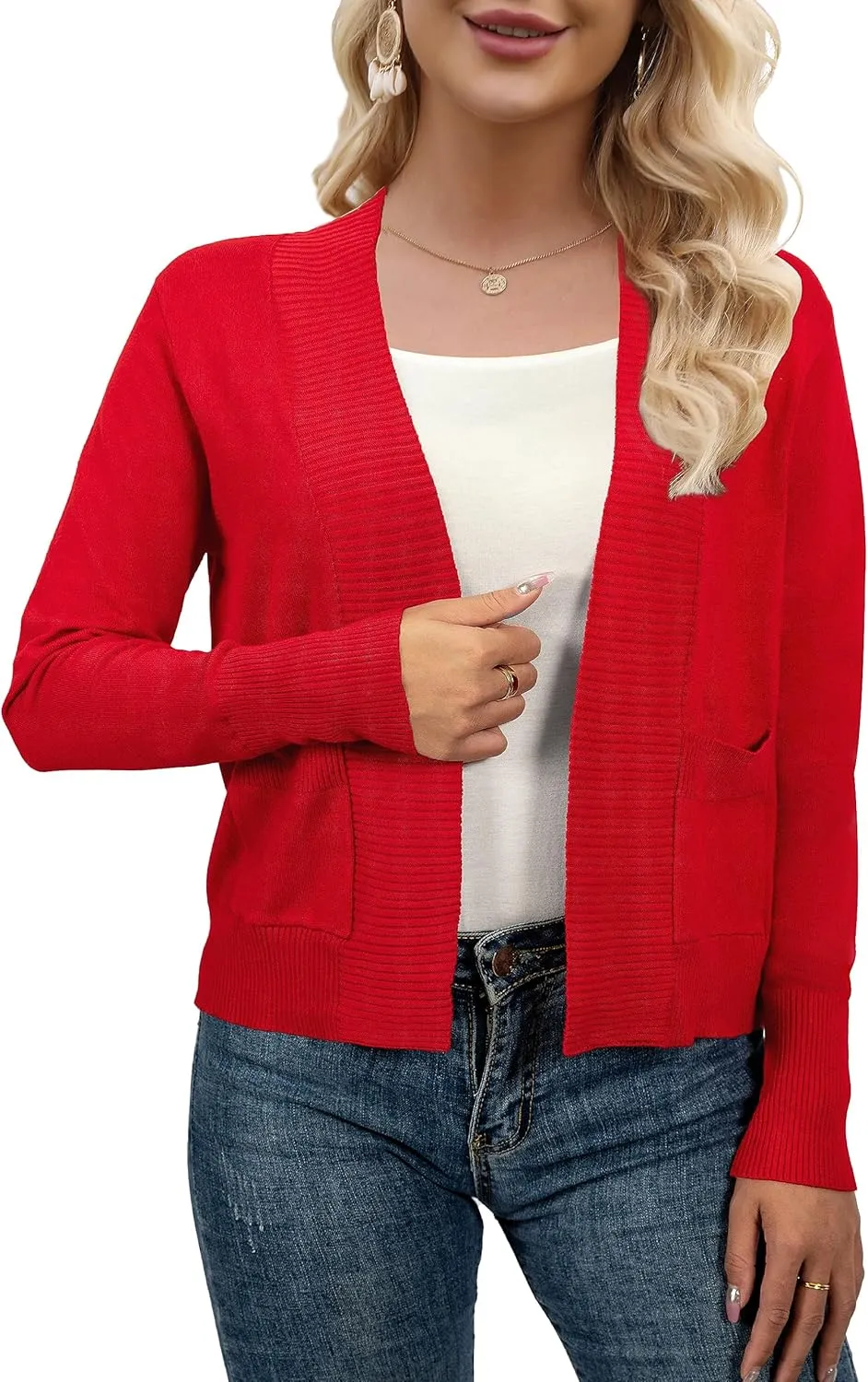 AAMILIFE Womens Long Sleeve Cardigan Knit Sweaters Bolero Open Front Short Shrugs Cropped Cardigan with Pocket