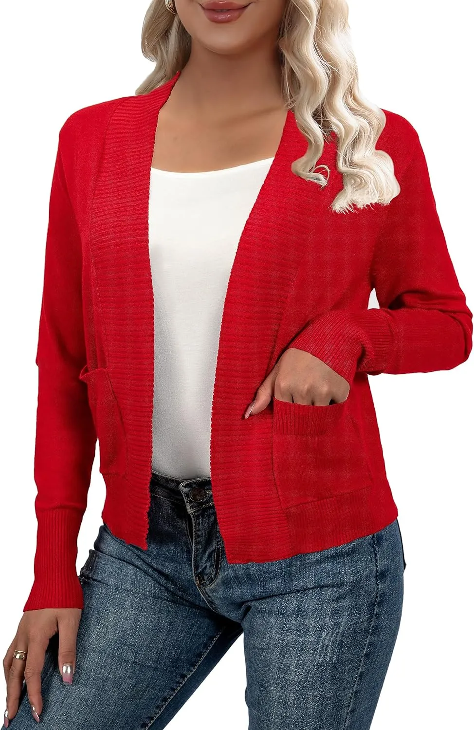 AAMILIFE Womens Long Sleeve Cardigan Knit Sweaters Bolero Open Front Short Shrugs Cropped Cardigan with Pocket