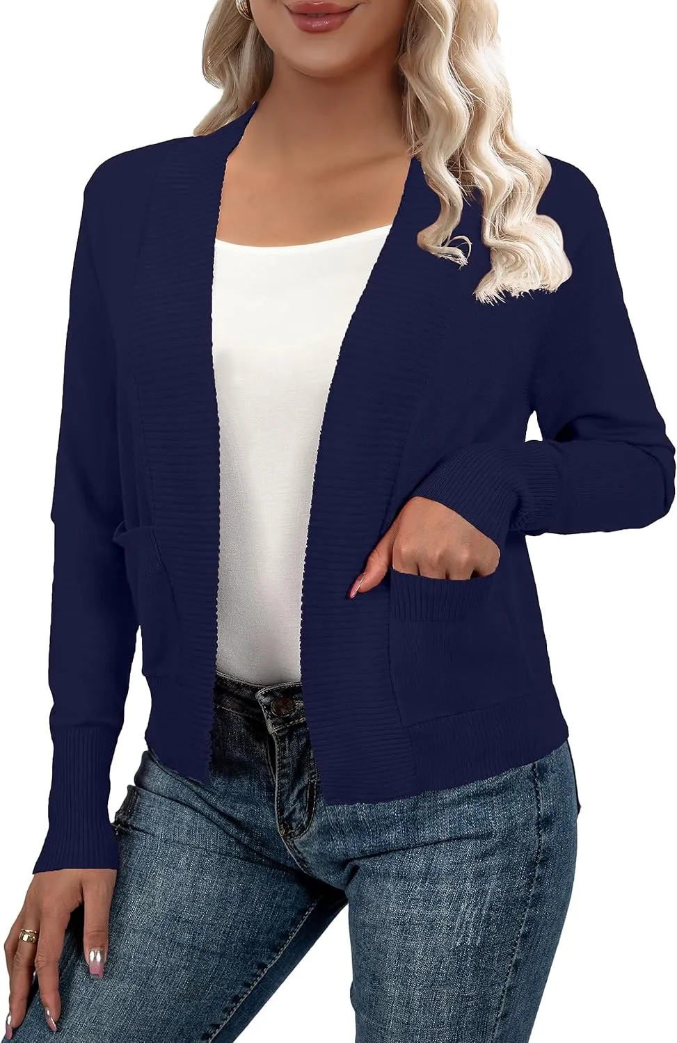 AAMILIFE Womens Long Sleeve Cardigan Knit Sweaters Bolero Open Front Short Shrugs Cropped Cardigan with Pocket