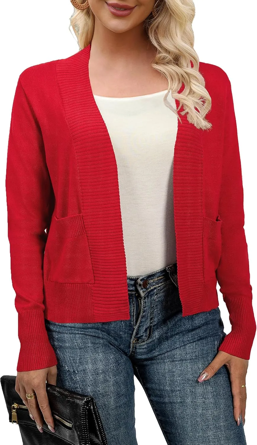 AAMILIFE Womens Long Sleeve Cardigan Knit Sweaters Bolero Open Front Short Shrugs Cropped Cardigan with Pocket