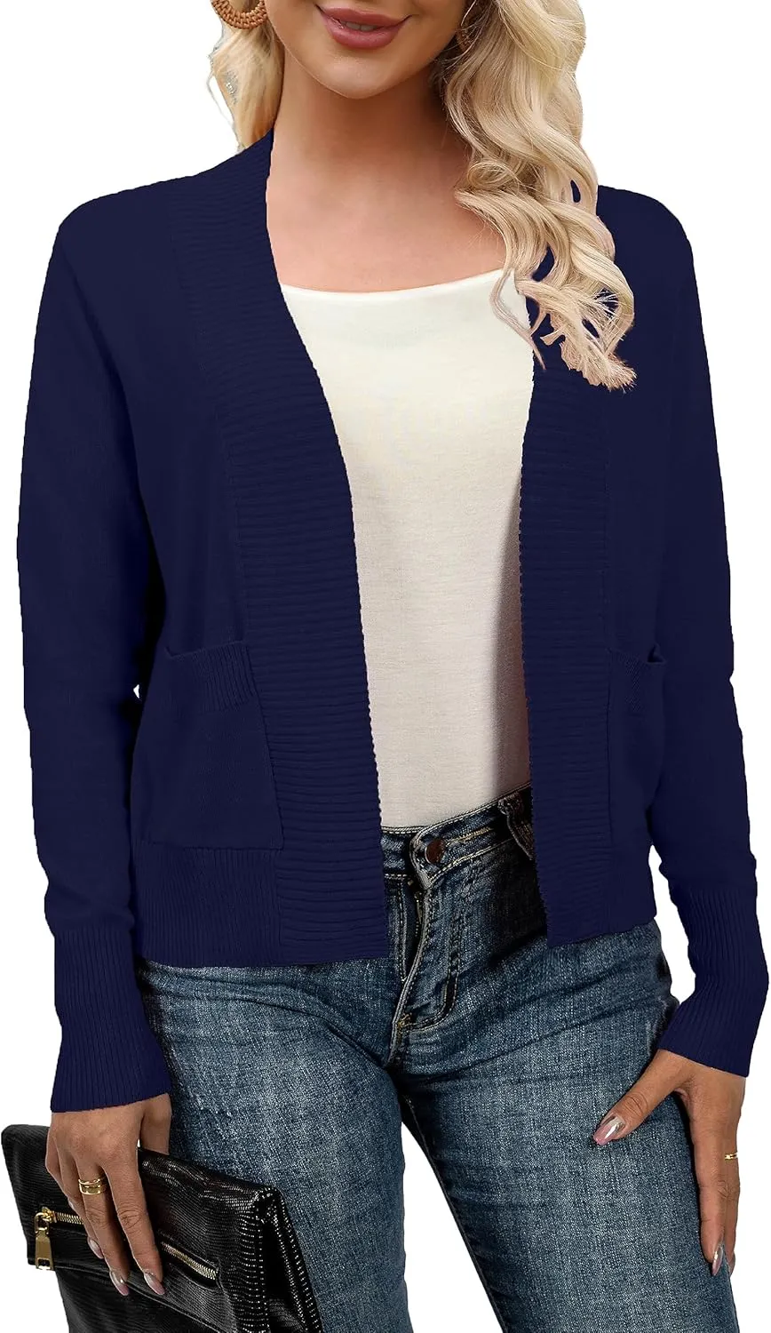 AAMILIFE Womens Long Sleeve Cardigan Knit Sweaters Bolero Open Front Short Shrugs Cropped Cardigan with Pocket