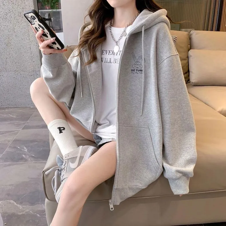 Acubi Oversized Full Zip Sweatshirts for Women Cute Graphic Drawstring Hoodies Punk Harajuku Jackets with Pockets
