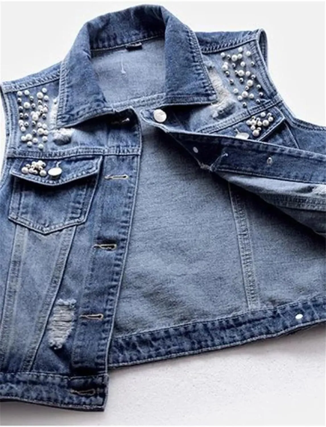 Adhdyuud Women Causal Ripped Denim Vest Loose Sleeveless Short Jeans Jacket Waistcoats