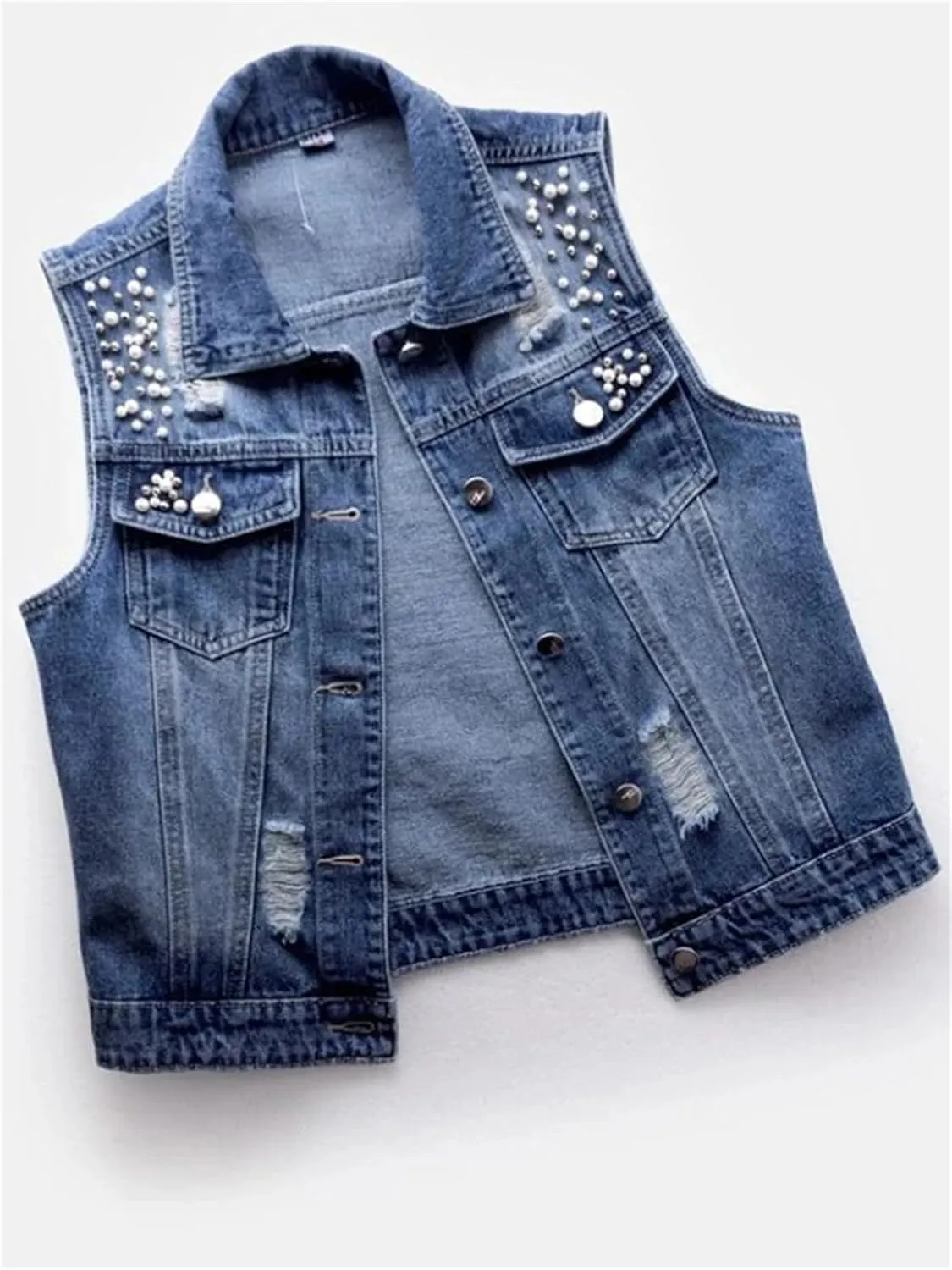 Adhdyuud Women Causal Ripped Denim Vest Loose Sleeveless Short Jeans Jacket Waistcoats