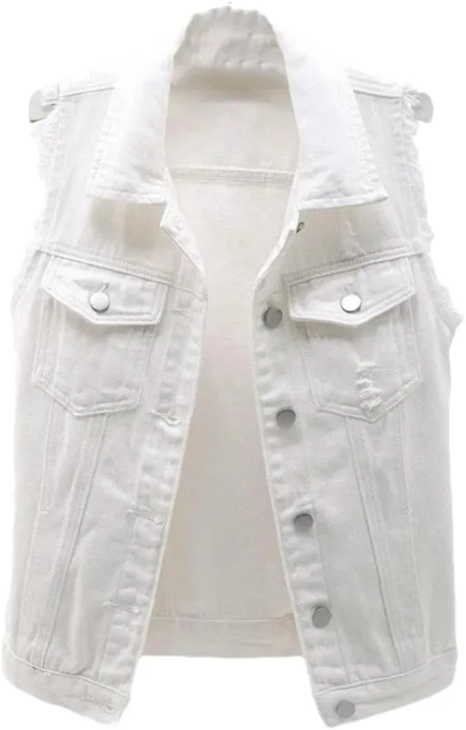 Adhdyuud Women Causal Ripped Denim Vest Loose Sleeveless Short Jeans Jacket Waistcoats