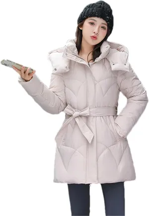 Adhdyuud Women's Down Jackets Cotton Padded Parka Warm Casual Coat Puffer Belt Hooded Parka Overcoat