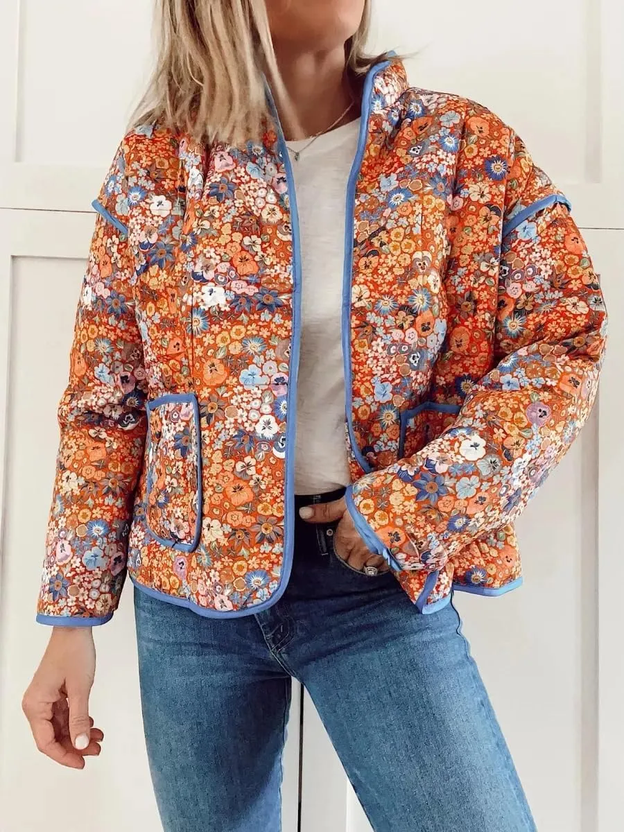 Aimiray Women's Cropped Floral Puffer Jacket Cardigan Printed Lightweight Open Front Padded Quilted Coats