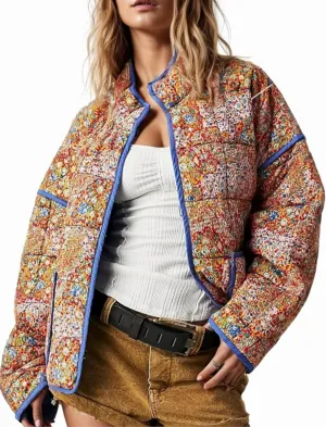 Aimiray Women's Cropped Floral Puffer Jacket Cardigan Printed Lightweight Open Front Padded Quilted Coats