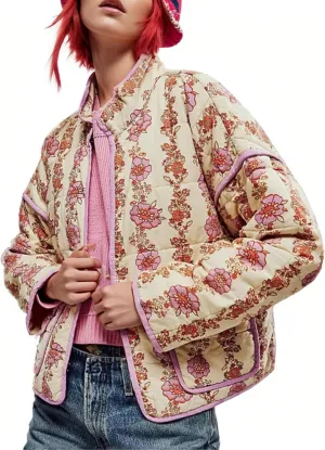Aimiray Women's Cropped Floral Puffer Jacket Cardigan Printed Lightweight Open Front Padded Quilted Coats