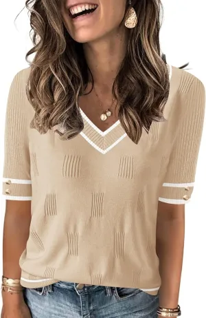 AKEWEI Womens V Neck Sweater Short Sleeve Lightweight Knit Spring Summer Tops with Decorative Buttons