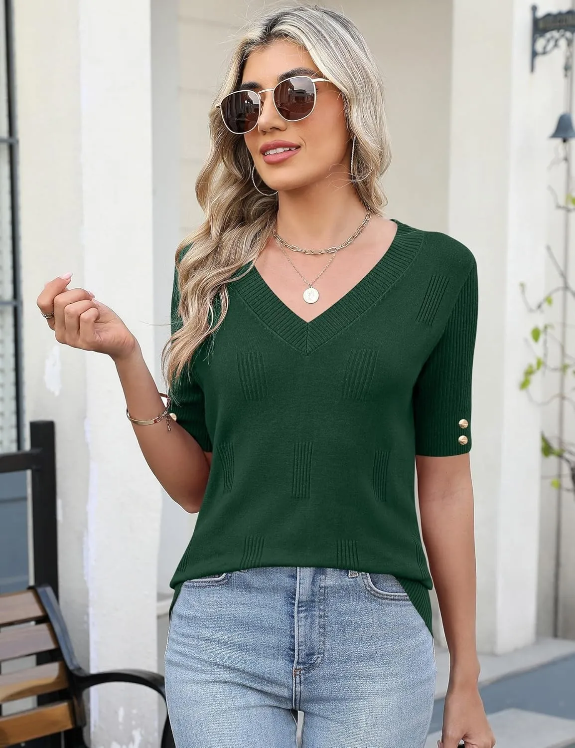 AKEWEI Womens V Neck Sweater Short Sleeve Lightweight Knit Spring Summer Tops with Decorative Buttons