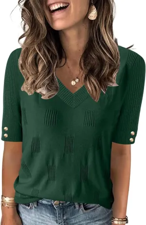 AKEWEI Womens V Neck Sweater Short Sleeve Lightweight Knit Spring Summer Tops with Decorative Buttons