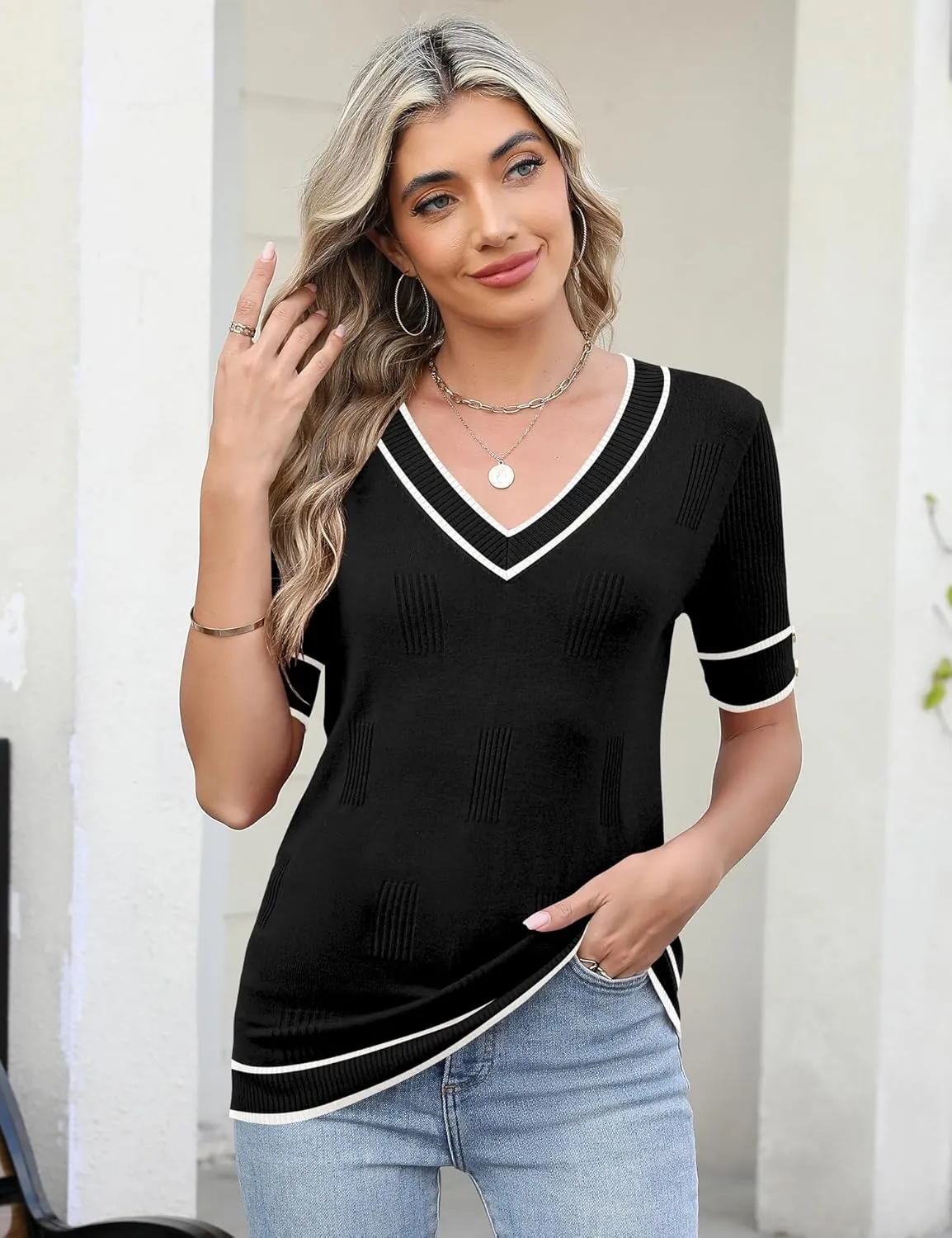 AKEWEI Womens V Neck Sweater Short Sleeve Lightweight Knit Spring Summer Tops with Decorative Buttons