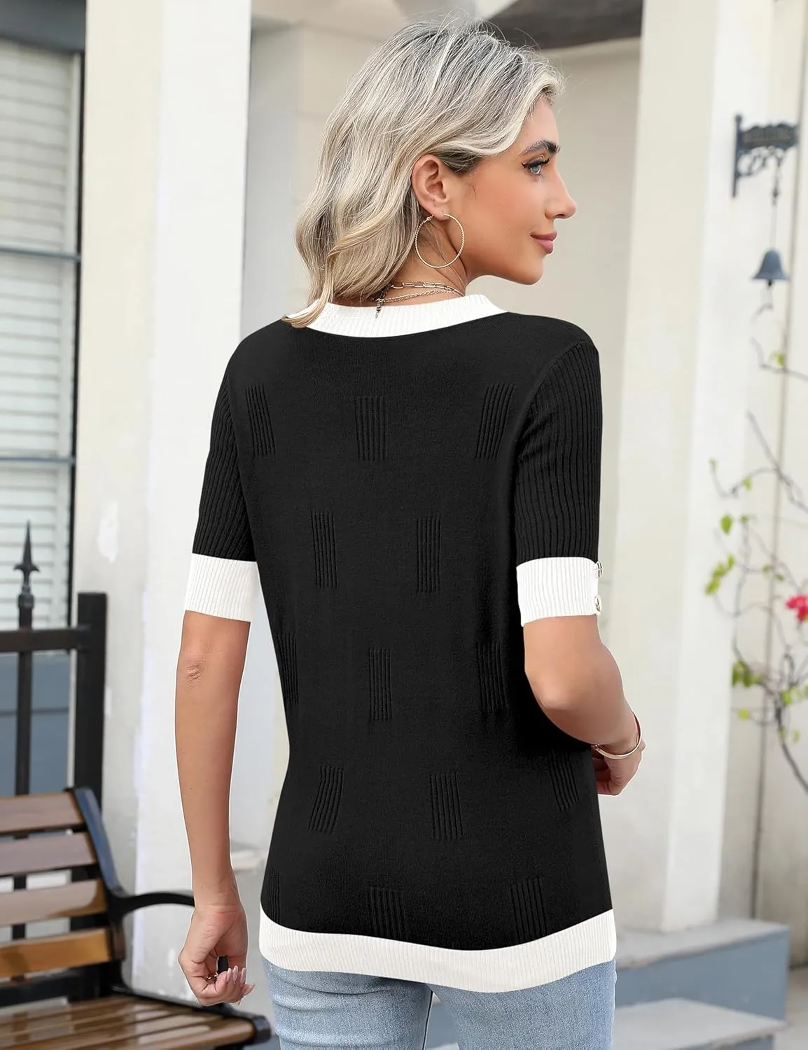 AKEWEI Womens V Neck Sweater Short Sleeve Lightweight Knit Spring Summer Tops with Decorative Buttons