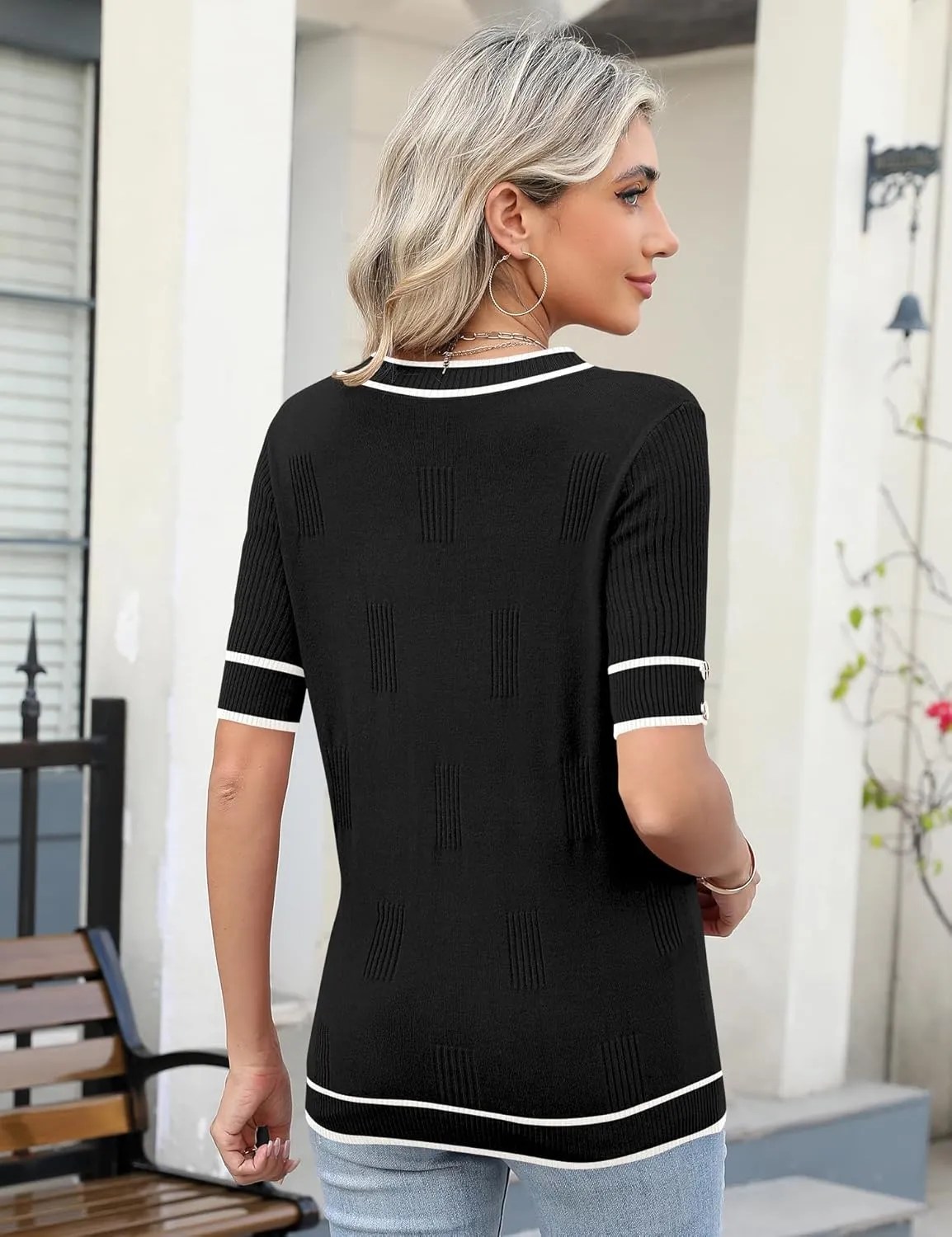 AKEWEI Womens V Neck Sweater Short Sleeve Lightweight Knit Spring Summer Tops with Decorative Buttons