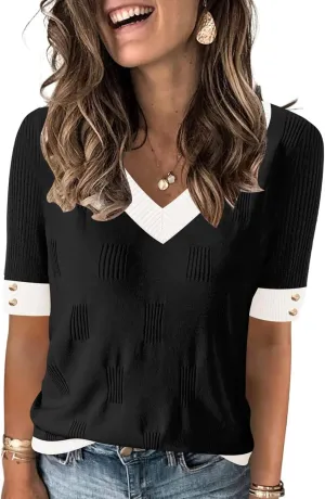 AKEWEI Womens V Neck Sweater Short Sleeve Lightweight Knit Spring Summer Tops with Decorative Buttons