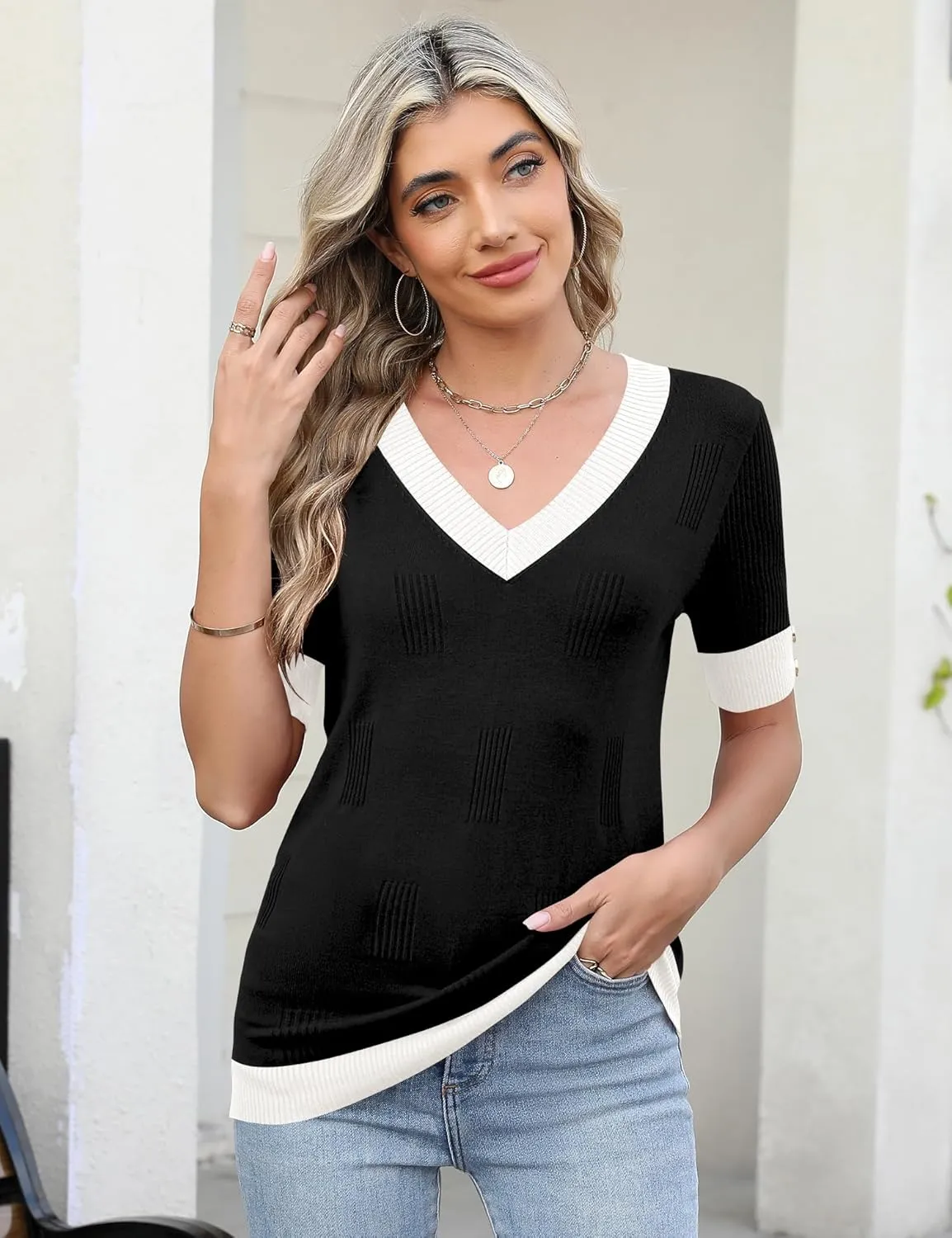 AKEWEI Womens V Neck Sweater Short Sleeve Lightweight Knit Spring Summer Tops with Decorative Buttons