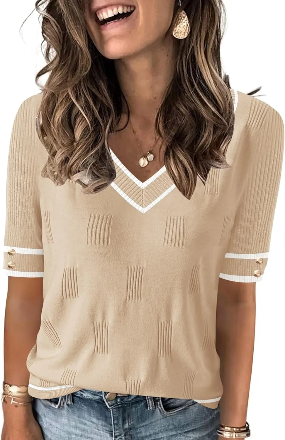 AKEWEI Womens V Neck Sweater Short Sleeve Lightweight Knit Spring Summer Tops with Decorative Buttons
