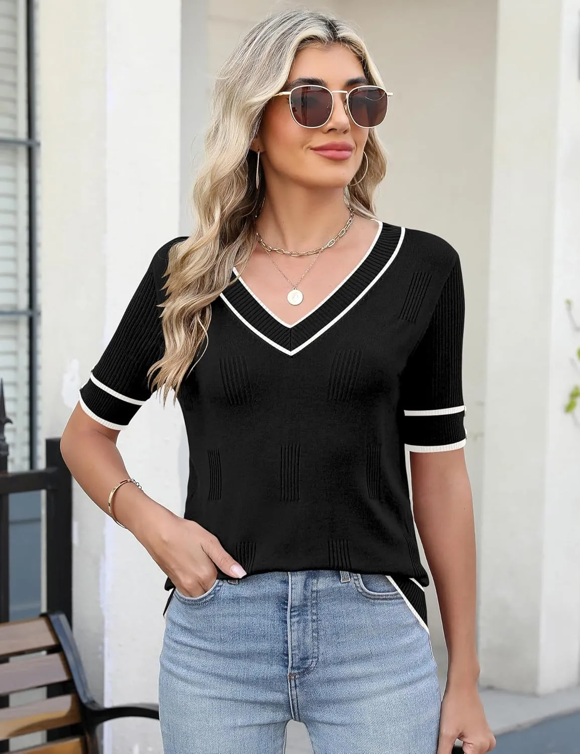 AKEWEI Womens V Neck Sweater Short Sleeve Lightweight Knit Spring Summer Tops with Decorative Buttons