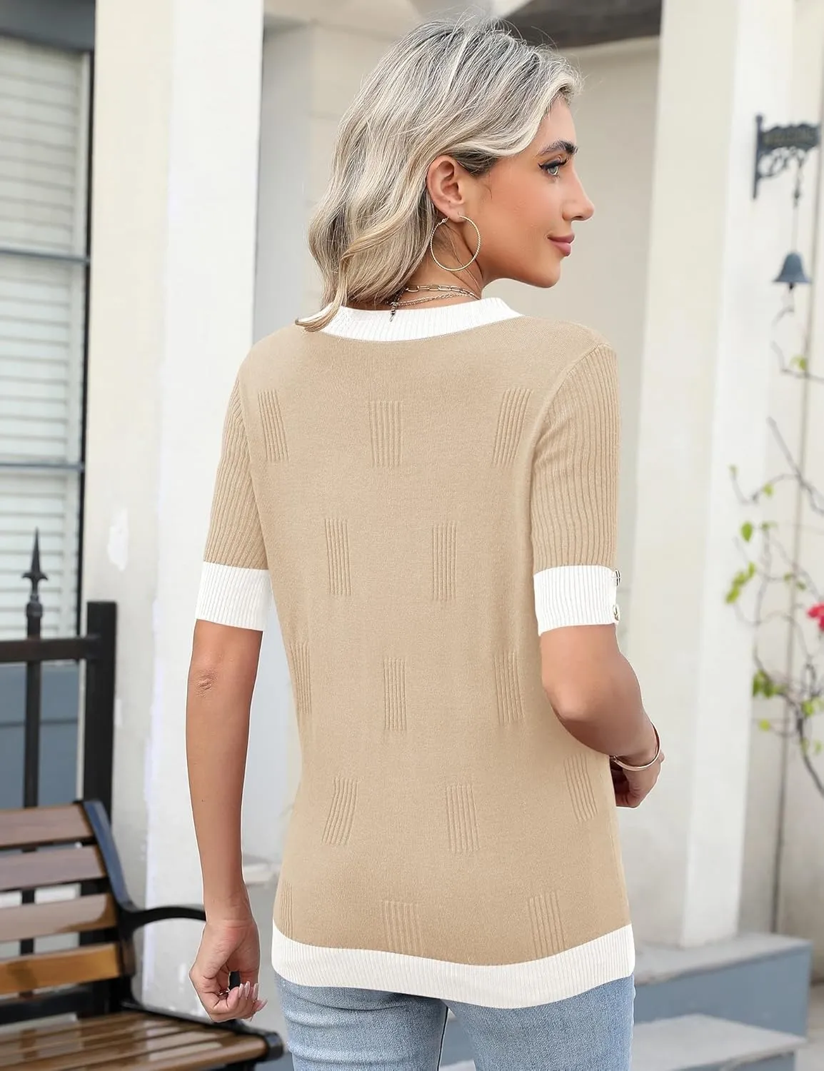 AKEWEI Womens V Neck Sweater Short Sleeve Lightweight Knit Spring Summer Tops with Decorative Buttons