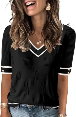 AKEWEI Womens V Neck Sweater Short Sleeve Lightweight Knit Spring Summer Tops with Decorative Buttons