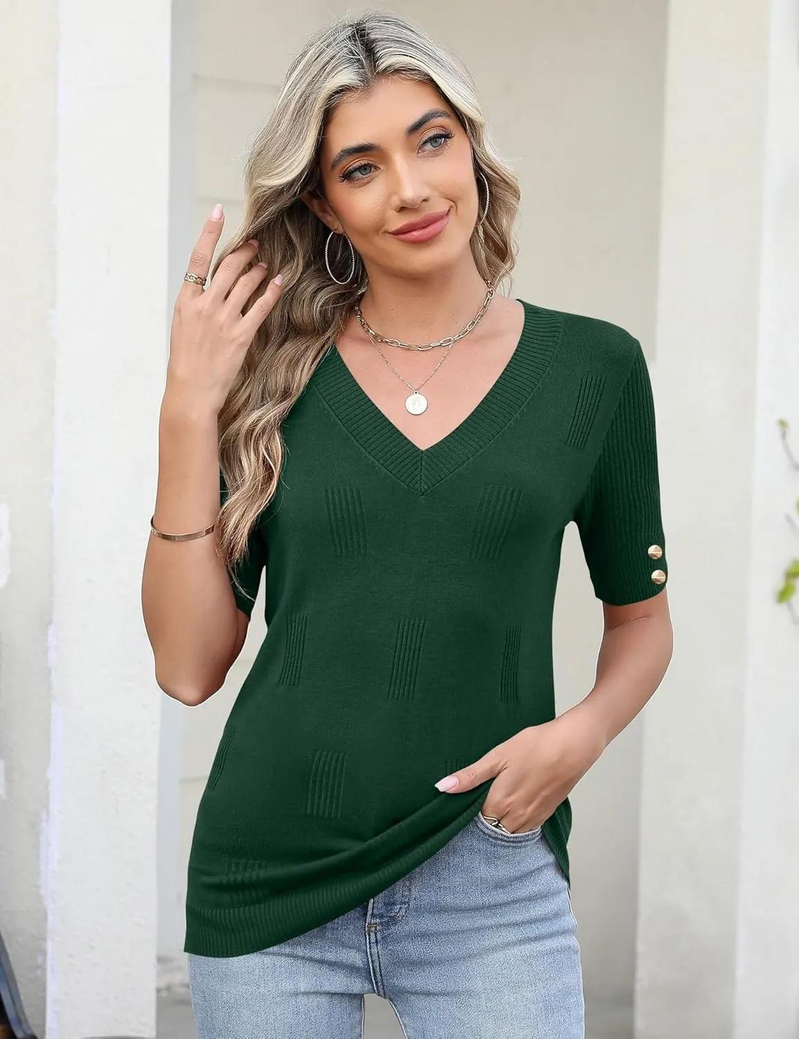 AKEWEI Womens V Neck Sweater Short Sleeve Lightweight Knit Spring Summer Tops with Decorative Buttons