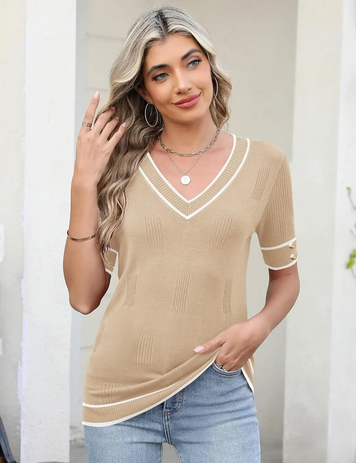 AKEWEI Womens V Neck Sweater Short Sleeve Lightweight Knit Spring Summer Tops with Decorative Buttons