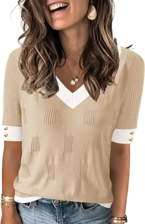 AKEWEI Womens V Neck Sweater Short Sleeve Lightweight Knit Spring Summer Tops with Decorative Buttons