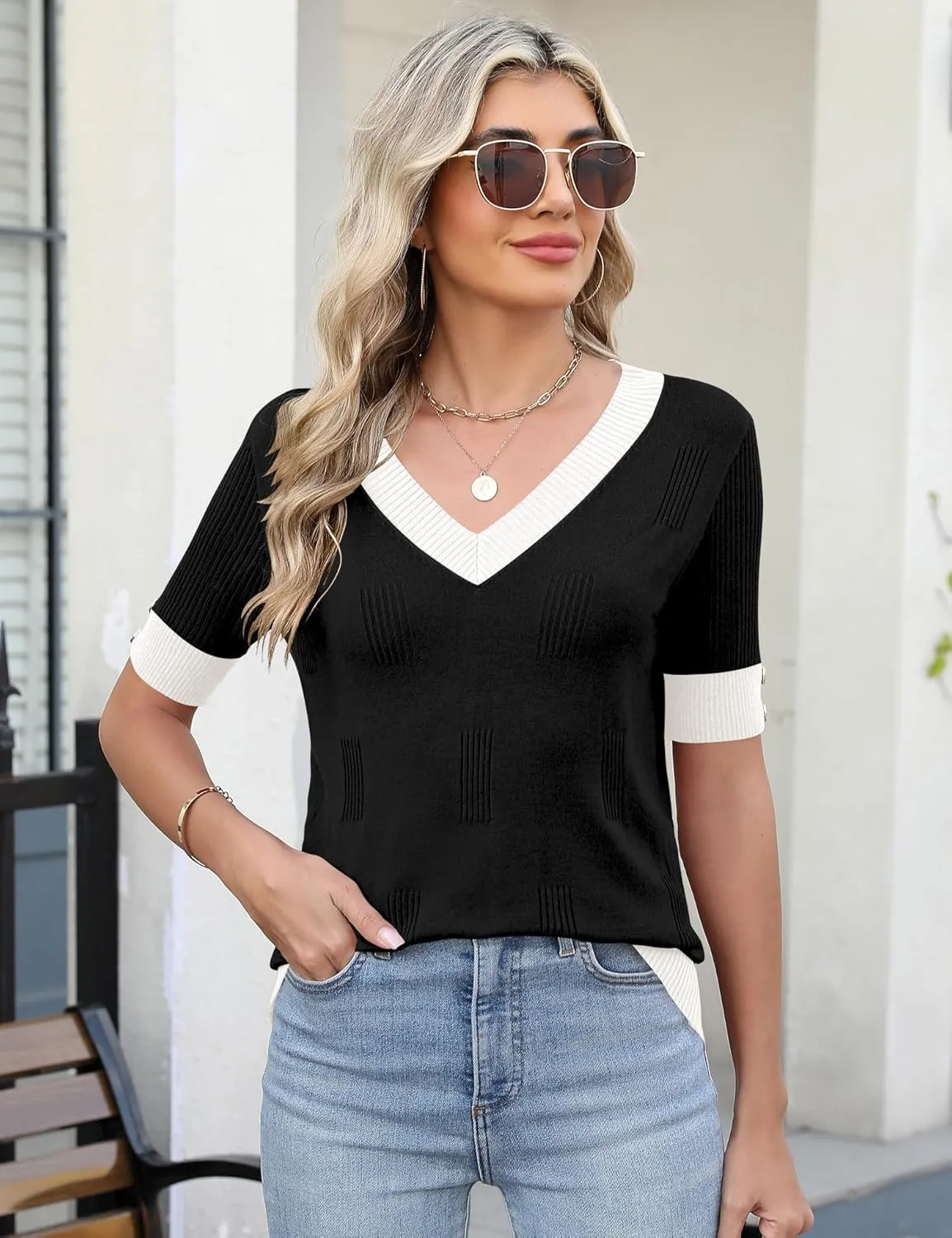 AKEWEI Womens V Neck Sweater Short Sleeve Lightweight Knit Spring Summer Tops with Decorative Buttons